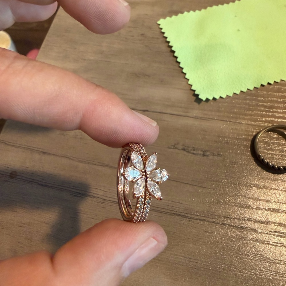 Rose Gold 2 Flower Halo Ring with Clear Stones - Women Jewelry size 56